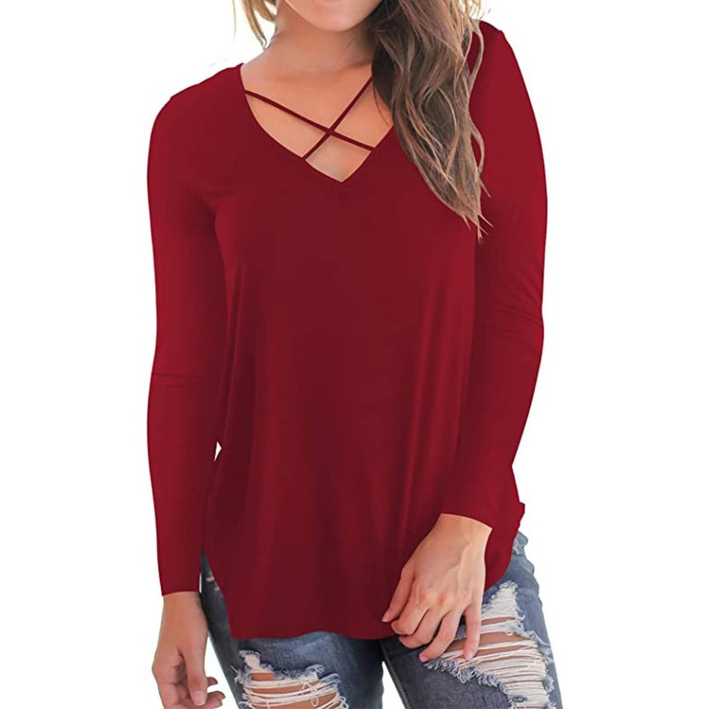 Women's Casual Long Sleeve T Shirt Red V-Neck
